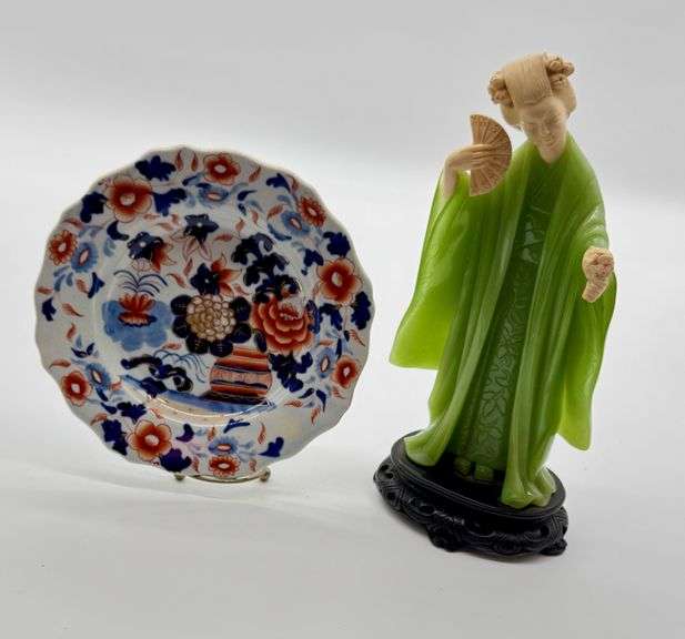 Japanese-Style Porcelain Dish with Floral Motif and Faux Jade Geisha Figurine