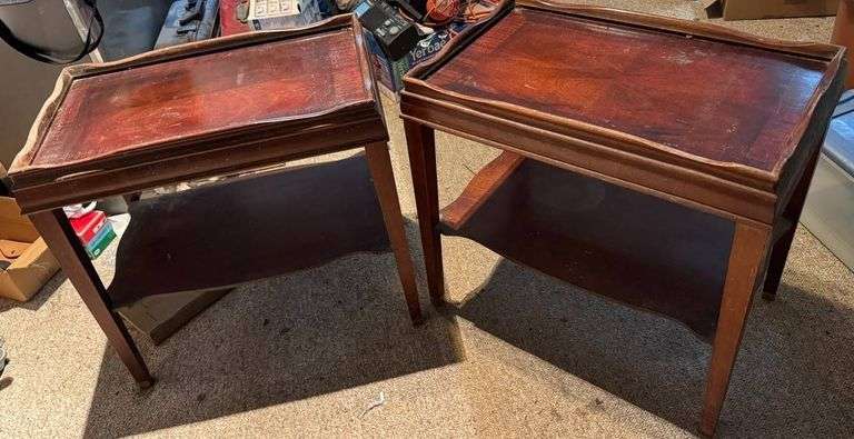 Vintage Wooden Two-Tier End Tables with Raised Edges