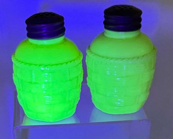 Antique Uranium Glass Salt and Pepper Shakers with Basketweave Design
