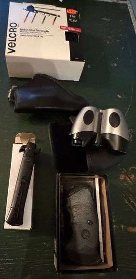 Lot: Velcro Strips, Binoculars, Holster, and Tactical Tool