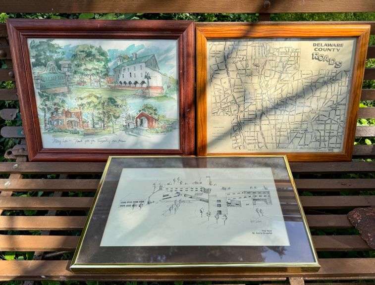 Framed Delaware County Map, Illustrated Watercolor Print, and Architectural Print