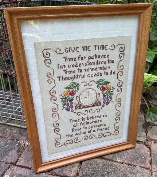 Framed Cross-Stitch Artwork with Inspirational Text and Clock Design