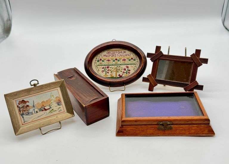 Decorative Items Including Framed Artwork, Needlework, Wooden Box, and Trinket Case