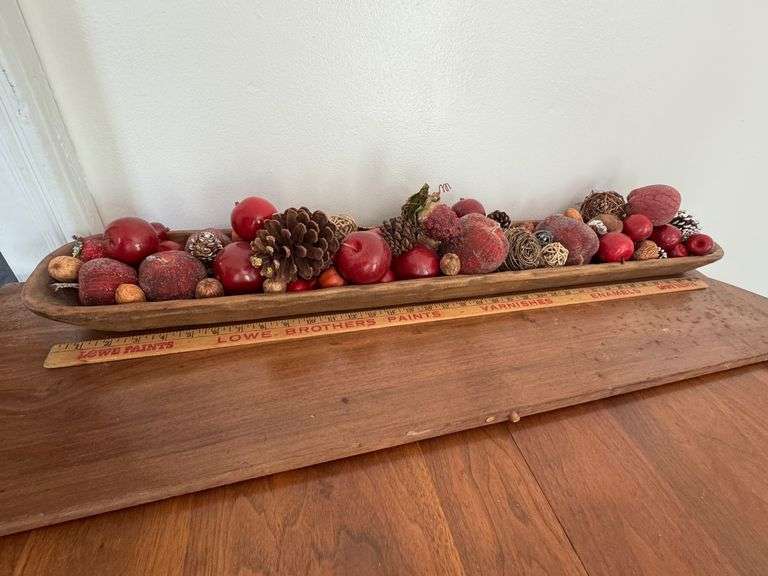 Wooden Dough Bowl with Assorted Decorative Faux Fruit and Pinecones