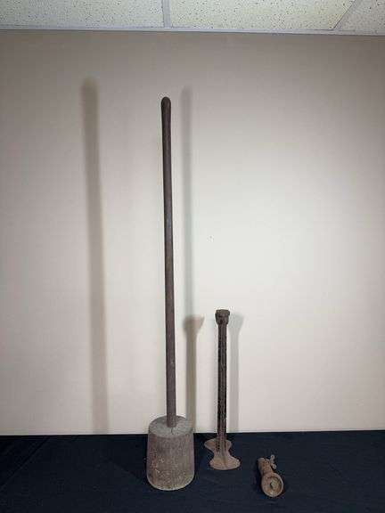 Antique Farm & Railroad Tool Lot – Wooden Mallet, Hand Tamper, Iron Tool & Spigot