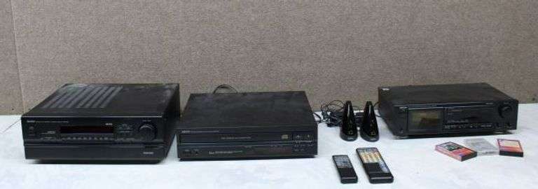 Denon AVR-2500 Receiver, DCM-340 CD Changer, Leapfrog Transmitters, Remotes, and Cassette Tapes