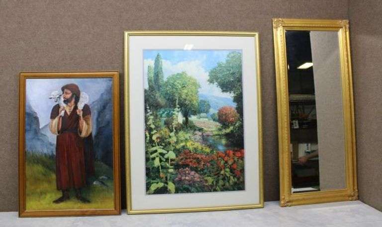 Framed Oil Painting by Sharon Visintine, Framed Landscape Print, and Gilt Framed Mirror