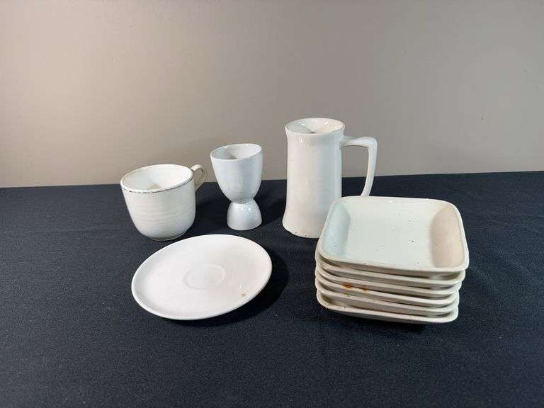 Mid-Century Modern White Stoneware Set – Plates, Cup, Pitcher & Egg Cup