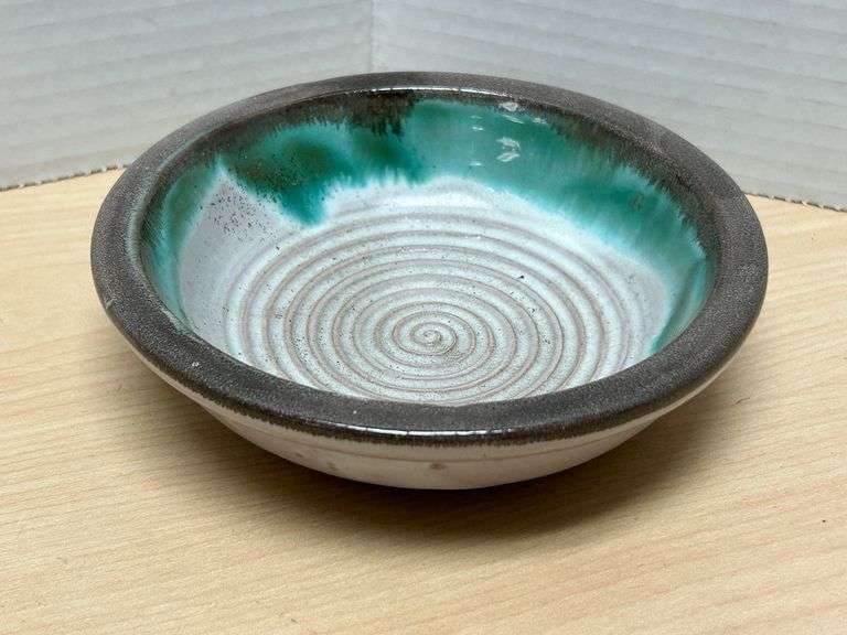 Studio Pottery Bowl with Spiral Base and Green Drip Glaze – 5-3/4" Diameter