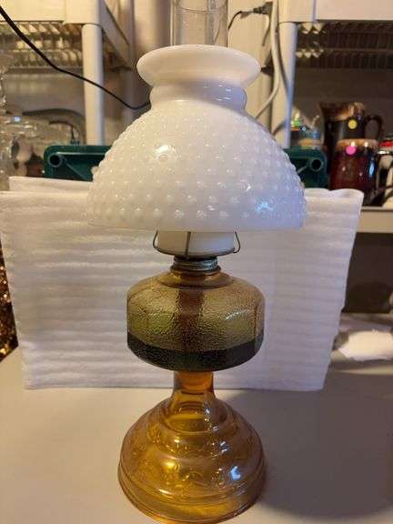 Amber oil lamp w/ milk glass shade