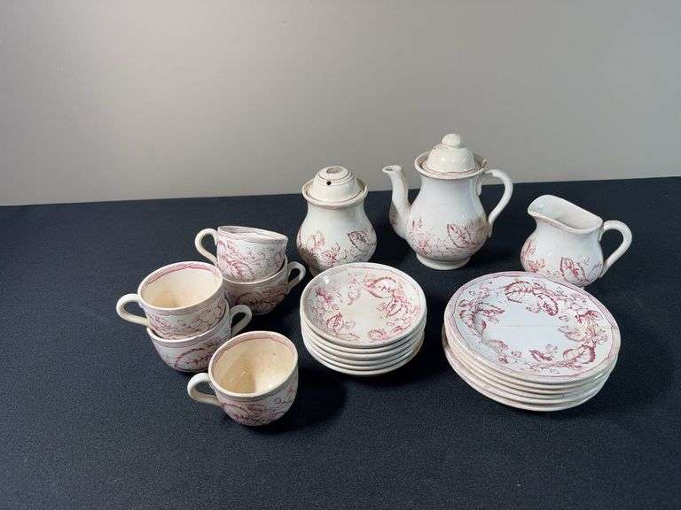 Vintage Red Transferware Tea Set with Cups, Saucers & Serving Pieces