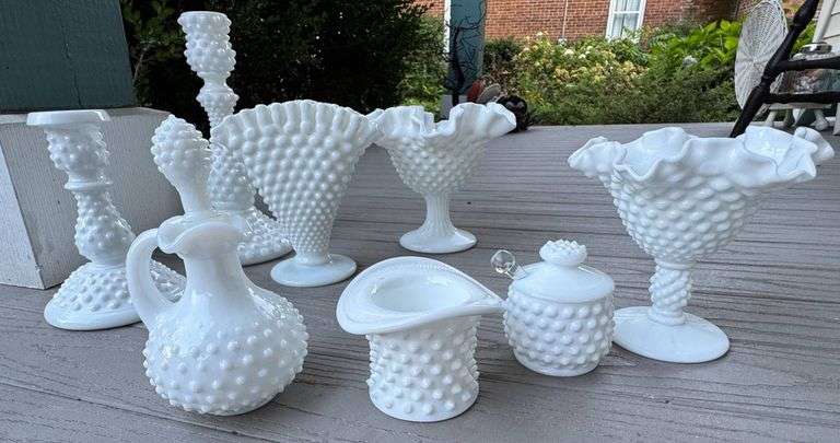 Fenton White Hobnail Milk Glass Vases, Candleholders, and Decorative Pieces