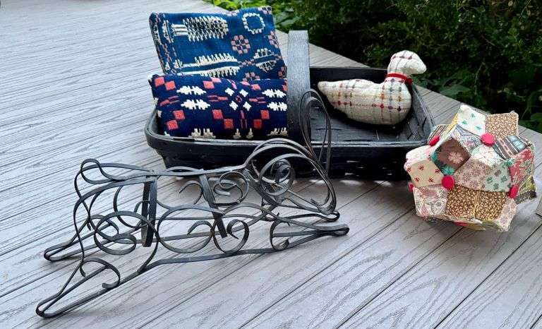 Vintage Textile Pillows and Door Stop Lot with Metal Bunny and Wicker Basket