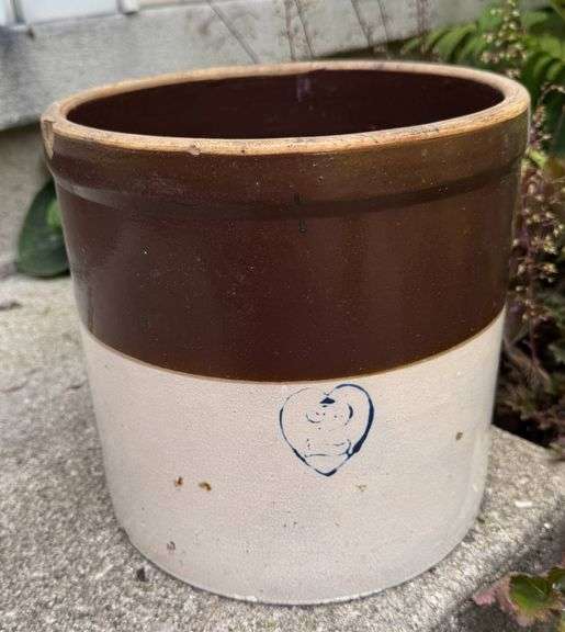 Vintage Two Stoneware Crocks with Brown Interior Glaze