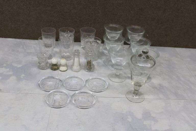 23 Glassware Pieces, Includes Salt and Pepper Shakers and Animal Motif Coasters