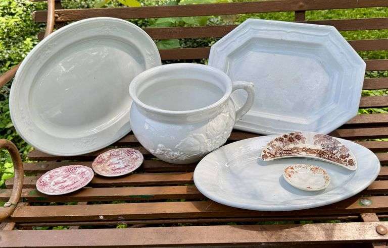 White and Transferware Ironstone China, Including Pitcher and Platters