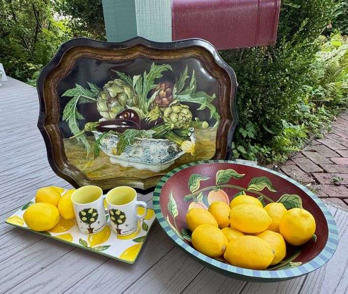 Decorative Tray, George Briard Ceramic Mugs, and Hand Painted Wooden Lemon Bowl with Matching Candle