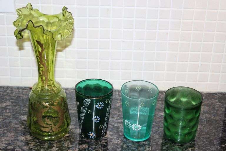 Green Glass Vase and Tumblers