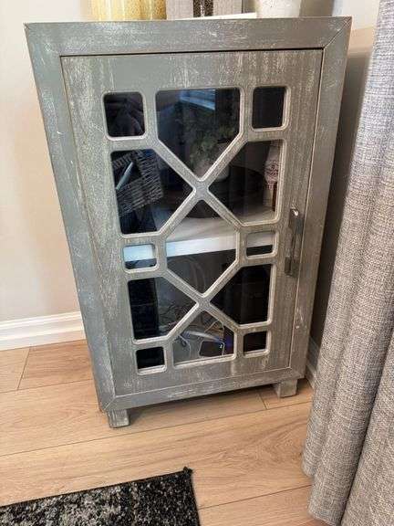 Painted Gray Wooden Cabinet with Glass-Paneled Door