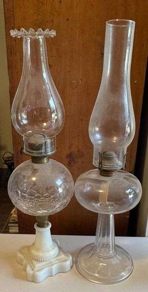 Glass Oil Lamps with Patterned and Milk Glass Bases