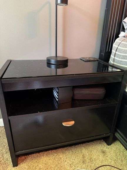 Black Laminate Nightstand with Open Shelf and Drawer