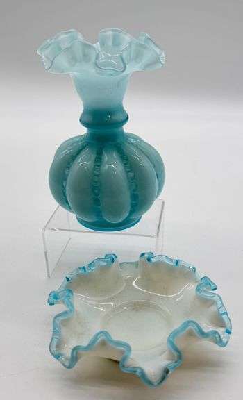 Fenton Blue Opalescent Glass Vase and Matching Ruffled Bowl