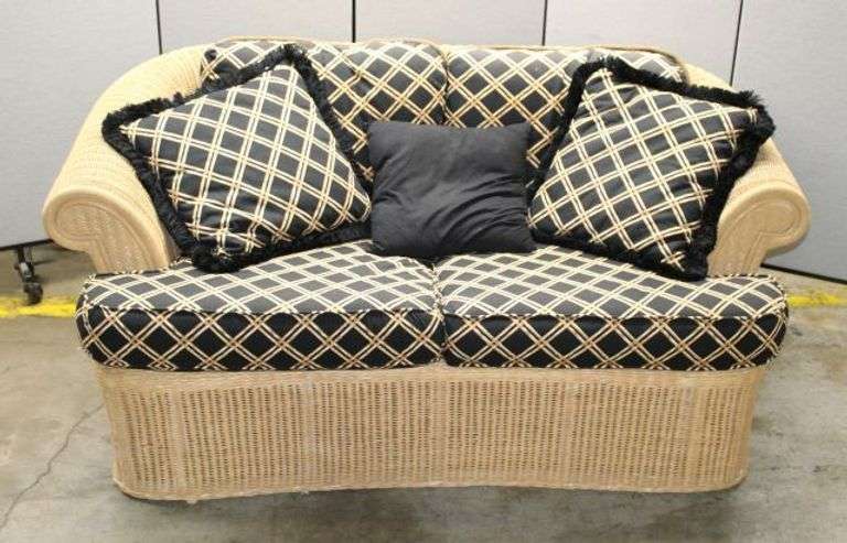 Wicker Sofa by Henry Link with Black and Gold Cushions