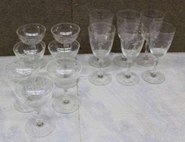 13 Etched Glass Stemware Pieces Including Wine and Coupe Glasses