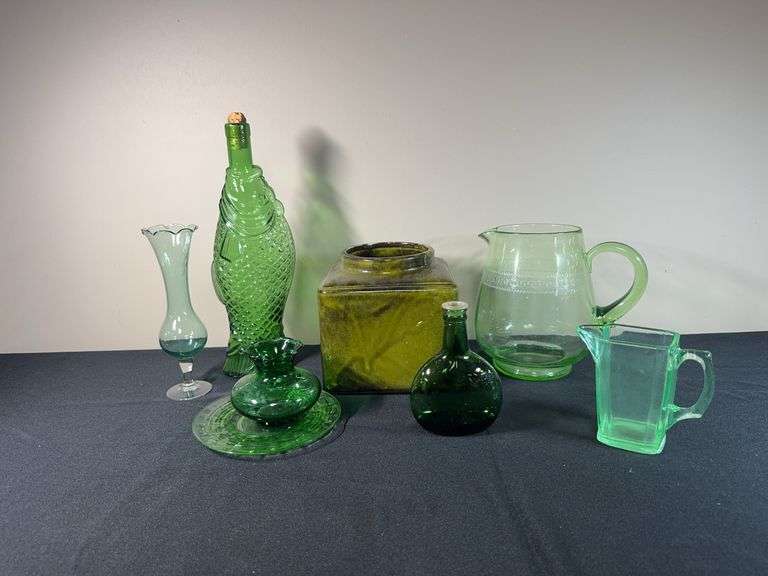 Vintage Green Glass Lot – Pitchers, Vases, Bottles & Sugar Canister