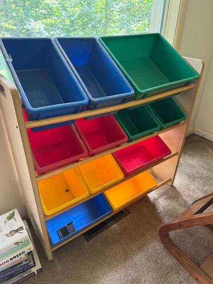 Wooden Toy Organizer With Colorful Plastic Storage Bins