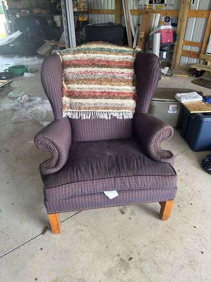 Plaid Upholstered Wingback Chair with Nailhead Trim and Wood Legs