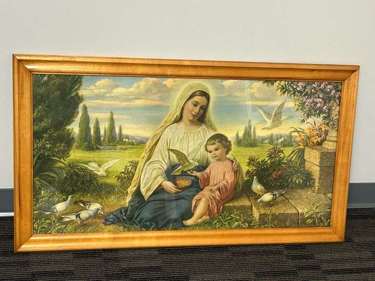 Framed Religious Print – Madonna and Child with Doves - Auction Ohio