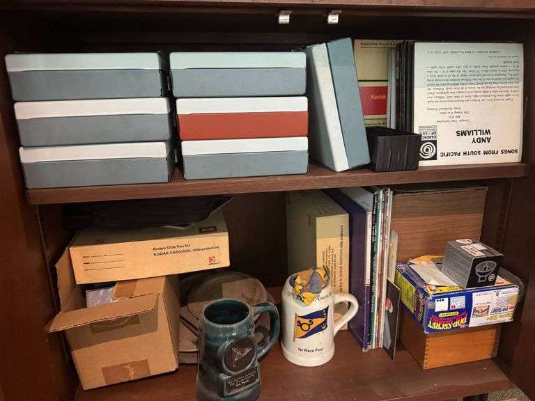 Slide Storage Boxes, Slides, Vinyl Records, and Miscellaneous Items