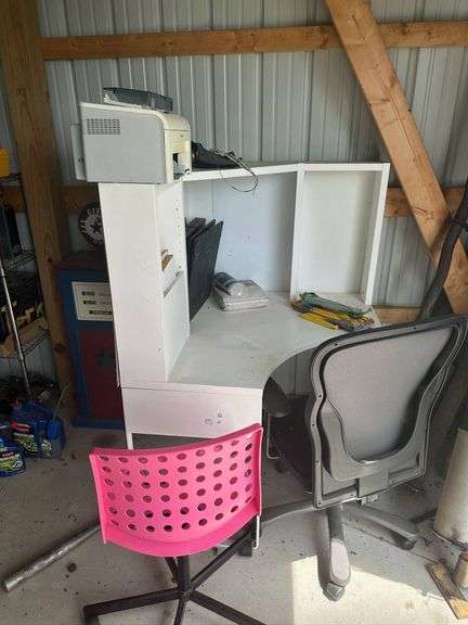 White Corner Desk with Accessories and Two Office Chairs