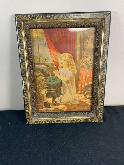Antique 1878 Lithograph – “Child at Prayer” by Geo. Stinson & Co. – Original Frame