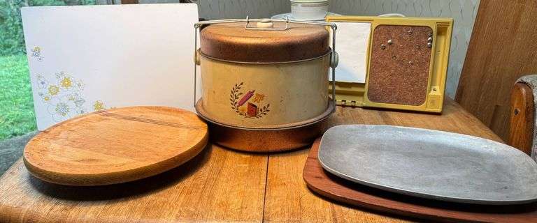 Vintage Metal Food Carrier, Cutting Board, Serving Tray, and Cork Memo Board Set