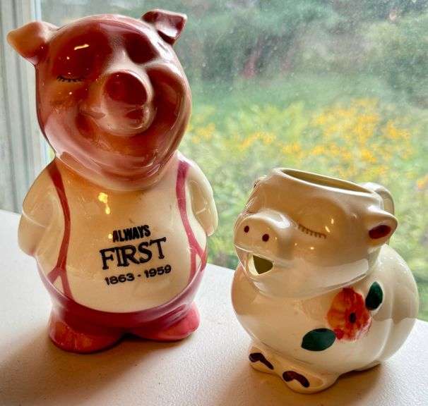 Ceramic Pig Figurines: Coin Bank and Creamer, ‘Always First’ Design