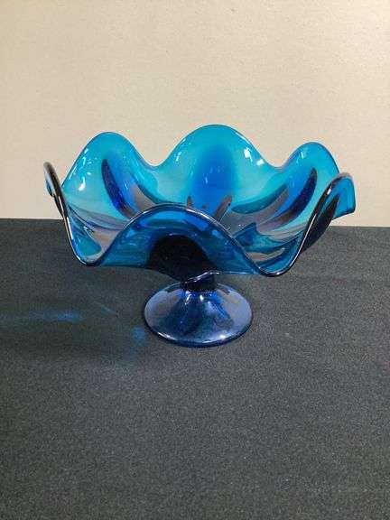 Vintage Blue Art Glass Ruffled Pedestal Bowl