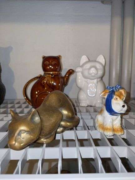 Brass cat, cat teapot and more
