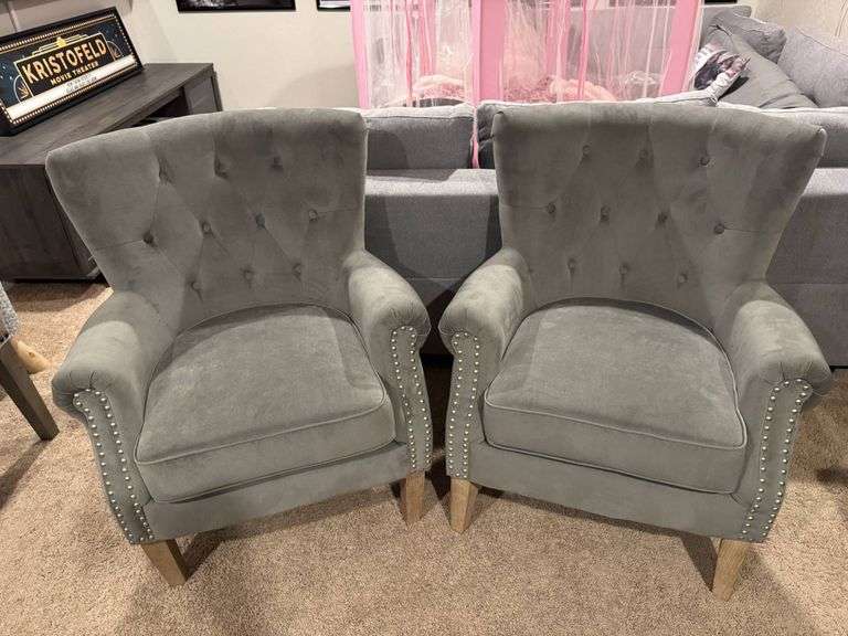 Gray Tufted Upholstered Armchairs with Nailhead Trim