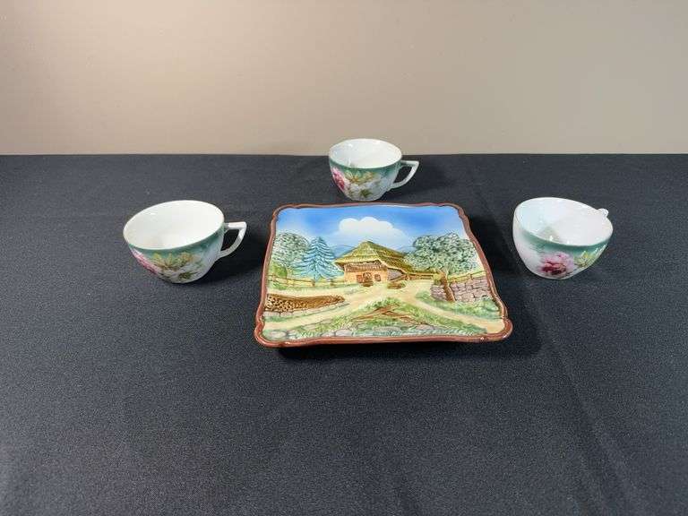Hand-Painted China Cups & Decorative Plate