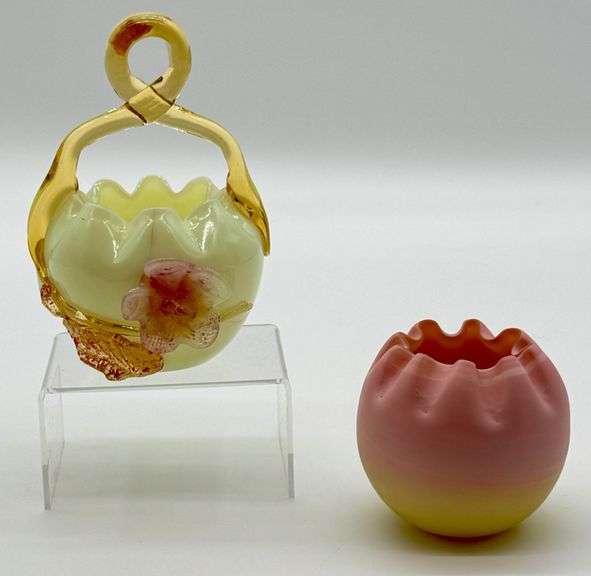 Stevens and Williams Uranium Vase and Burmese Victorian-Style Art Glass Basket and Rose Bowl Set