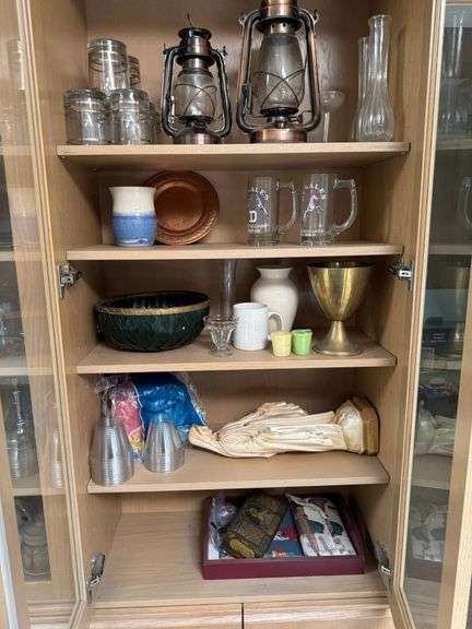 Household Items Including Lanterns, Glassware, Decorative Items, and Textiles