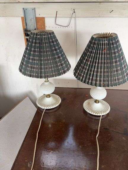 2 Milk Glass Lights with green plaid shades