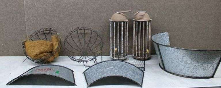 Galvanized Metal Items and Wire Accessories Including Rustic Lanterns, Baskets, and Planters