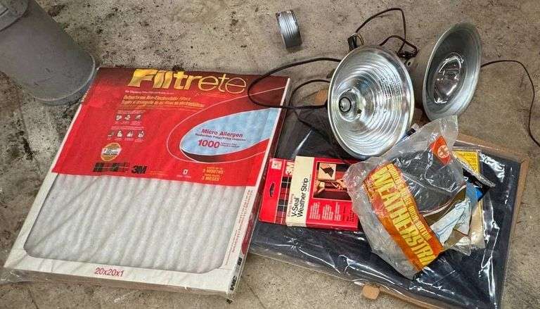 Household Items Including 3M Filtrete Air Filter, Weather Stripping, and Work Lights