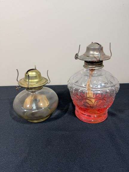 Pair of Vintage Oil Lamps – Glass & Brass with Embossed Detail