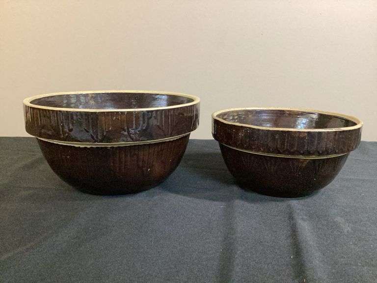 Pair of Vintage Brown Glazed Stoneware Mixing Bowls