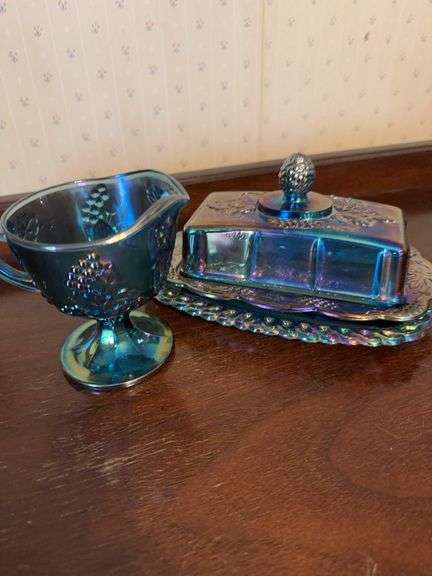 Vintage Iridescent Blue Carnival Indiana Glass Harvest Grape Butter Dish & Creamer