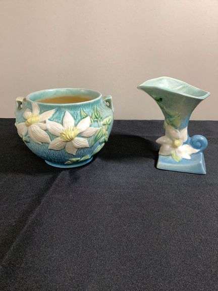 Pair of Roseville Pottery Dogwood Pattern Pieces – Jardiniere & Bud Vase